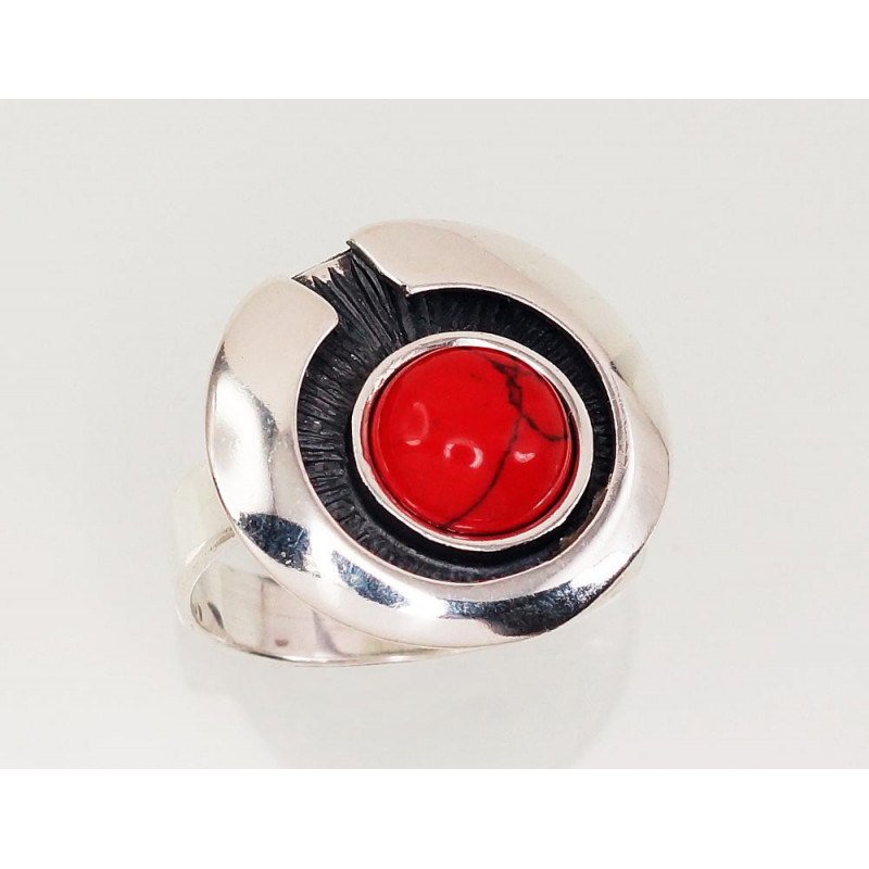 Silver ring 2100932(POx-Bk)_COX, Silver 925°, oxide (Plating), Coral (Imitation)