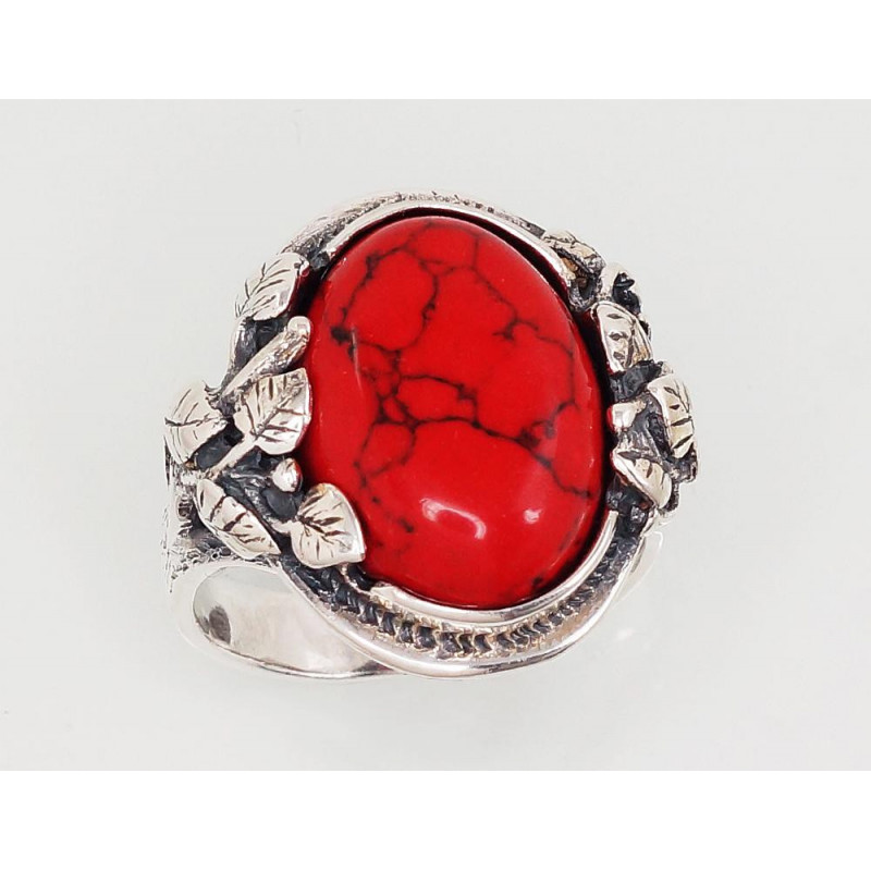 Silver ring 2101199(POx-Bk)_COX, Silver 925°, oxide (Plating), Coral (Imitation)