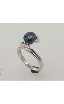 Silver ring 2101457(PRh-Gr)_PE-BK, Silver 925°, Rhodium (Plating), Fresh-water Pearl