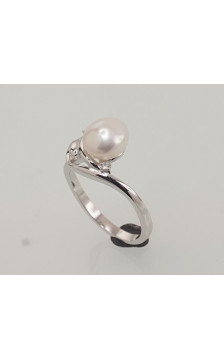 Silver ring 2101462(PRh-Gr)_CZ+PE, Silver 925°, Rhodium (Plating), Zirkons , Fresh-water Pearl