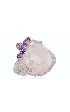Silver ring 2101608(PRh-Gr)_CZ+KZPI+AM, Silver 925°, Rhodium (Plating), Zirkons , Pink Quarz , Amethyst