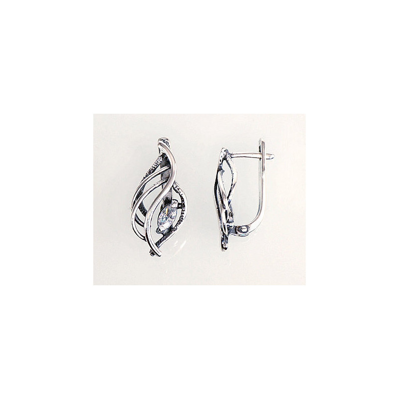 Silver earrings with 'english' lock 2201124(POx-Bk)_CZ, Silver 925°, oxide (Plating), Zirkons