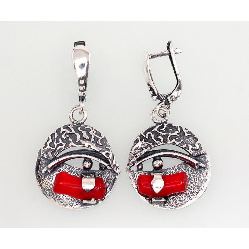 Silver earrings with 'english' lock 2202890(POx-Bk)_CO, Silver 925°, oxide (Plating), Coral
