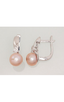 Silver earrings with 'english' lock 2202918(PRh-Gr)_CZ+PE-PI, Silver 925°, Rhodium (Plating), Zirkons , Fresh-water Pearl