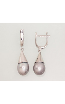 Silver earrings with 'english' lock 2202925(PRh-Gr)_PE-GR, Silver 925°, Rhodium (Plating), Fresh-water Pearl