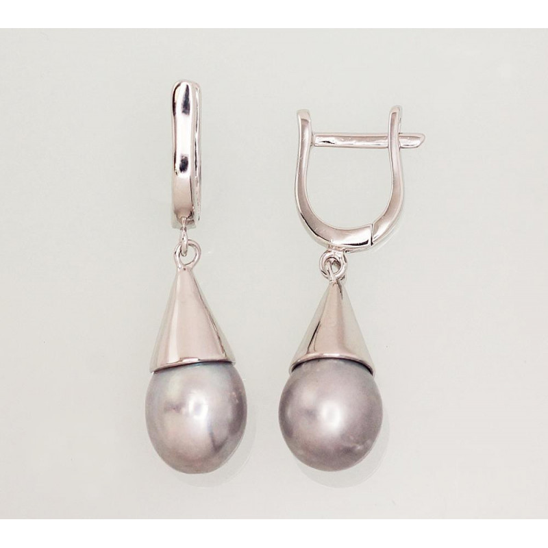 Silver earrings with 'english' lock 2202925(PRh-Gr)_PE-GR, Silver 925°, Rhodium (Plating), Fresh-water Pearl