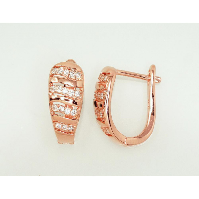 Silver earrings with 'english' lock 2203111(PAu-R)_CZ, Silver 925°, red gold (Plating), Zirkons