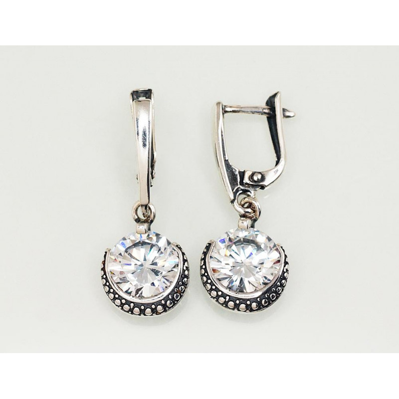 Silver earrings with 'english' lock 2203134(POx-Bk)_CZ, Silver 925°, oxide (Plating), Zirkons
