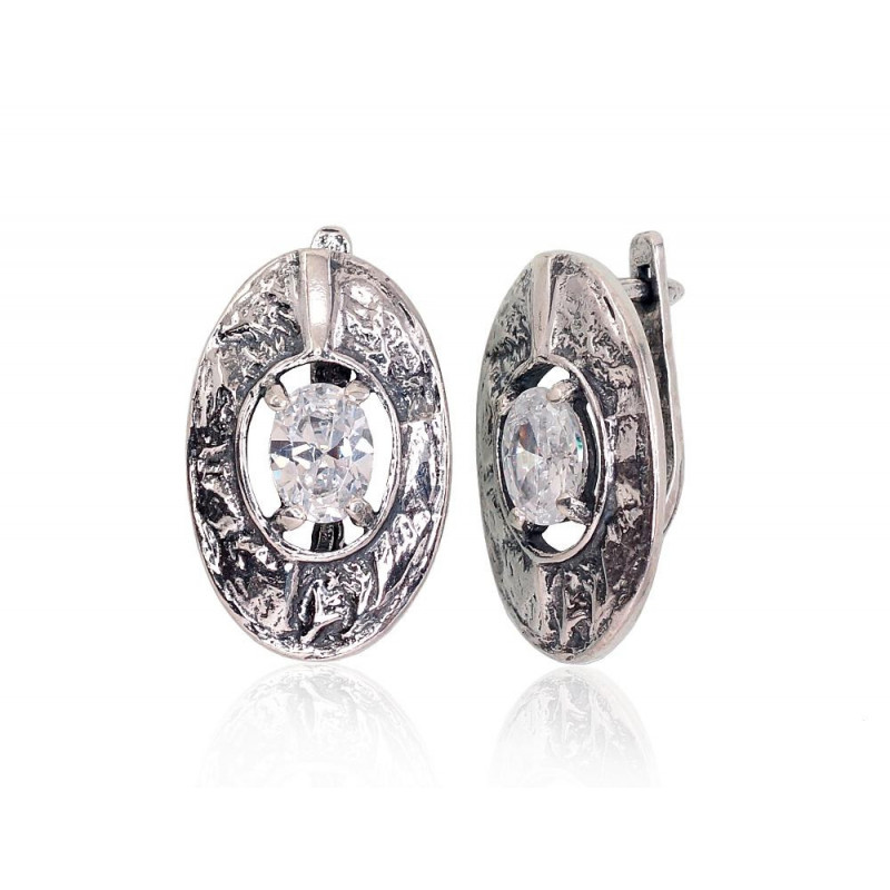 Silver earrings with 'english' lock 2203229(POx-Bk)_CZ, Silver 925°, oxide (Plating), Zirkons