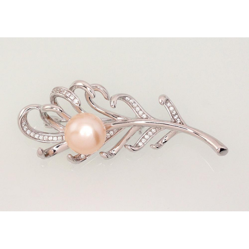 Silver brooch 2920176(PRh-Gr)_CZ+PE-PI, Silver 925°, Rhodium (Plating), Zirkons , Fresh-water Pearl