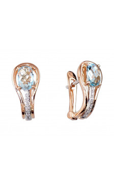 Gold earrings with 'english' lock 1200276(Au-R+PRh-W)_DI+TZLB, Red Gold 585°, Rhodium (Plating) , Diamonds , Sky Blue