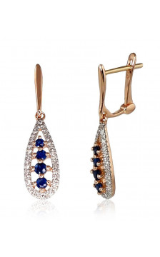 Gold earrings with 'english' lock 1200385(Au-R+PRh-W)_DI+SA, Red Gold 585°, Rhodium (Plating) , Diamonds , Sapphire