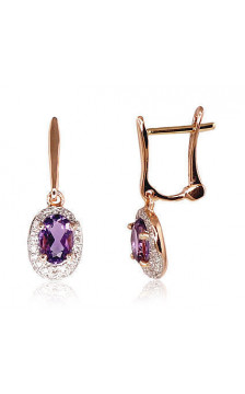 Gold earrings with 'english' lock 1200392(Au-R+PRh-W)_DI+AM, Red Gold 585°, Rhodium (Plating) , Diamonds , Amethyst