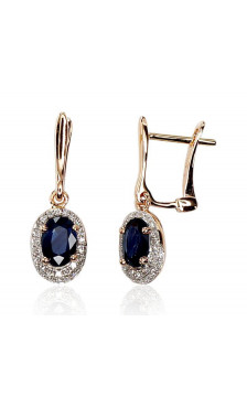 Gold earrings with 'english' lock 1200392(Au-R+PRh-W)_DI+SA, Red Gold 585°, Rhodium (Plating) , Diamonds , Sapphire