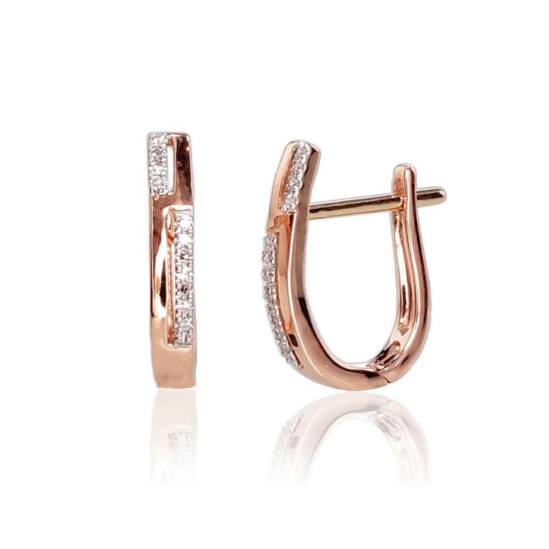 Gold earrings with 'english' lock 1200709(Au-R+PRh-W)_DI, Red Gold 585°, Rhodium (Plating) , Diamonds