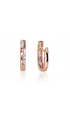 Gold earrings with 'english' lock 1200709(Au-R+PRh-W)_DI, Red Gold 585°, Rhodium (Plating) , Diamonds