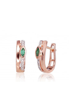 Gold earrings with 'english' lock 1200713(Au-R+PRh-W)_DI+EM, Red Gold 585°, Rhodium (Plating) , Diamonds , Emerald