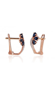 Gold earrings with 'english' lock 1200716(Au-R+PRh-W)_DI+SA, Red Gold 585°, Rhodium (Plating) , Diamonds , Sapphire