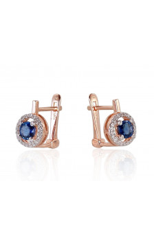 Gold earrings with 'english' lock 1200718(Au-R+PRh-W)_DI+SA, Red Gold 585°, Rhodium (Plating) , Diamonds , Sapphire