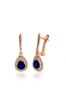 Gold earrings with 'english' lock 1200799(Au-R+PRh-W)_DI+SA, Red Gold 585°, Rhodium (Plating) , Diamonds , Sapphire