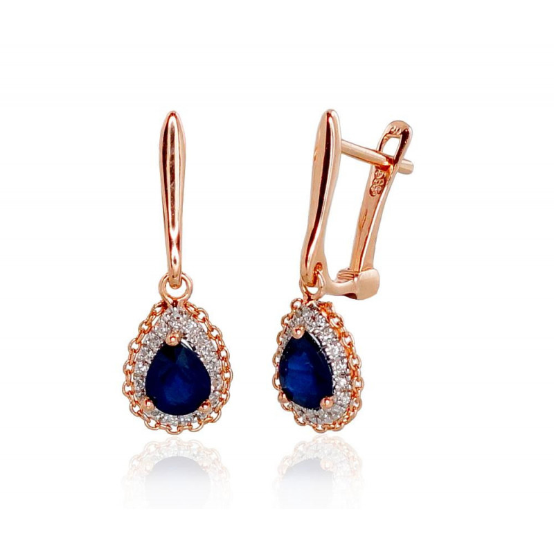 Gold earrings with 'english' lock 1200799(Au-R+PRh-W)_DI+SA, Red Gold 585°, Rhodium (Plating) , Diamonds , Sapphire