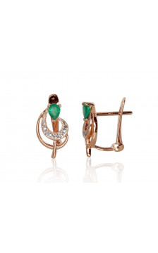 Gold earrings with 'english' lock 1200806(Au-R+PRh-W)_DI+EM, Red Gold 585°, Rhodium (Plating) , Diamonds , Emerald