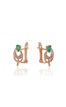 Gold earrings with 'english' lock 1200806(Au-R+PRh-W)_DI+EM, Red Gold 585°, Rhodium (Plating) , Diamonds , Emerald