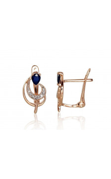 Gold earrings with 'english' lock 1200806(Au-R+PRh-W)_DI+SA, Red Gold 585°, Rhodium (Plating) , Diamonds , Sapphire