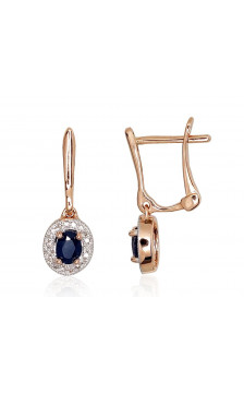 Gold earrings with 'english' lock 1200975(Au-R+PRh-W)_DI+SA, Red Gold 585°, Rhodium (Plating) , Diamonds , Sapphire