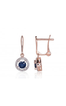 Gold earrings with 'english' lock 1201177(Au-R+PRh-W)_DI+SA, Red Gold 585°, Rhodium (Plating) , Diamonds , Sapphire
