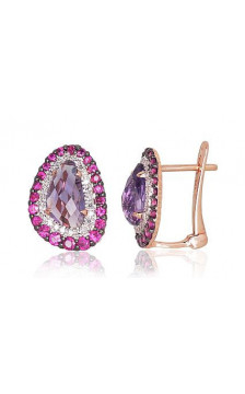 Gold earrings with 'english' lock 1200502(Au-R+PRh-W+PRh-Bk)_DI+RB+AM, Red Gold 585°, Rhodium (Plating) , Diamonds , Ruby