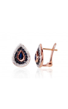 Gold earrings with 'english' lock 1200792(Au-R+PRh-W+PRh-Bk)_DI+SA, Red Gold 585°, Rhodium (Plating) , Diamonds , Sapphire