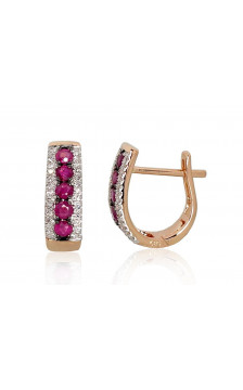 Gold earrings with 'english' lock 1200970(Au-R+PRh-W+PRh-Bk)_DI+RB, Red Gold 585°, Rhodium (Plating) , Diamonds , Ruby