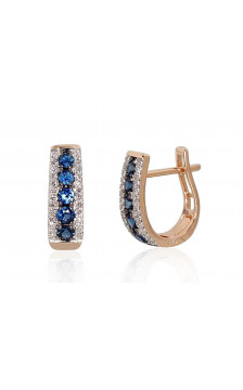 Gold earrings with 'english' lock 1200970(Au-R+PRh-W+PRh-Bk)_DI+SA, Red Gold 585°, Rhodium (Plating) , Diamonds , Sapphire