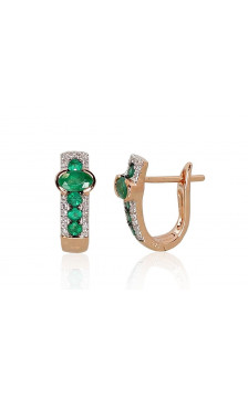 Gold earrings with 'english' lock 1200971(Au-R+PRh-W+PRh-Bk)_DI+EM, Red Gold 585°, Rhodium (Plating) , Diamonds , Emerald